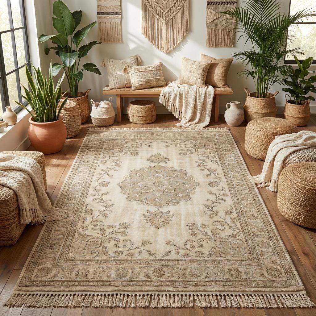 Ivory and beige wool Oushak rug styled in a calm European inspired living space __etsy:7708834331