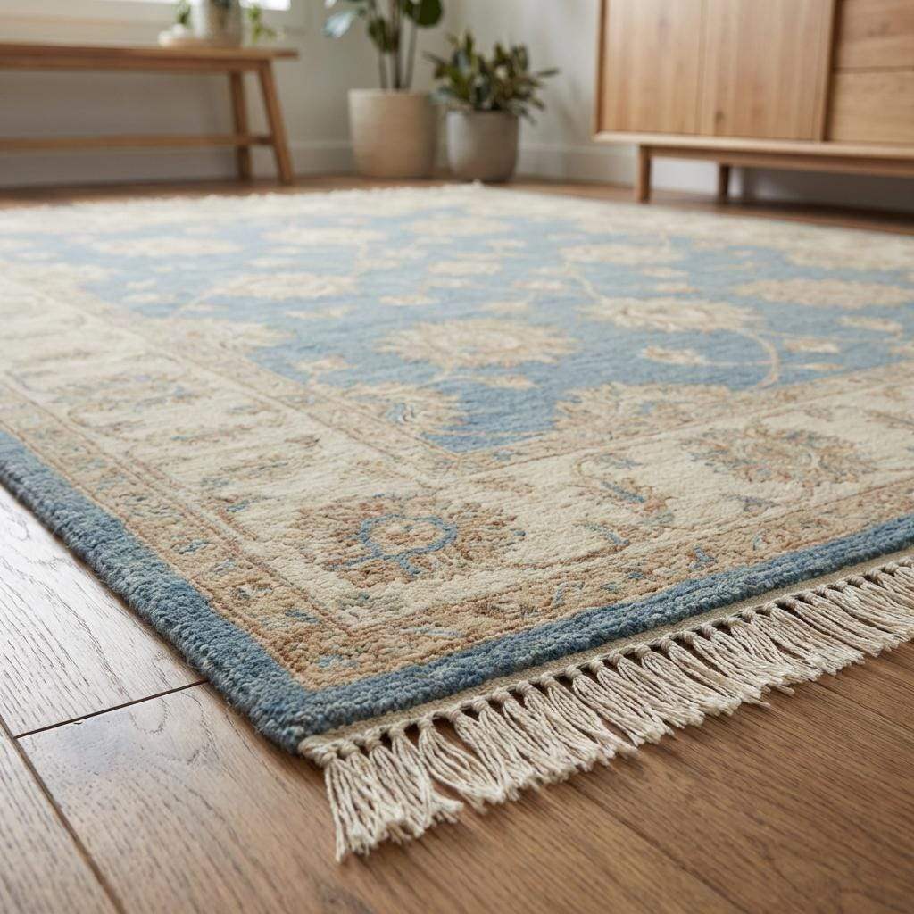 Blue and ivory hand knotted rug featuring floral vine motifs and artisan craftsmanship __etsy:7705546061