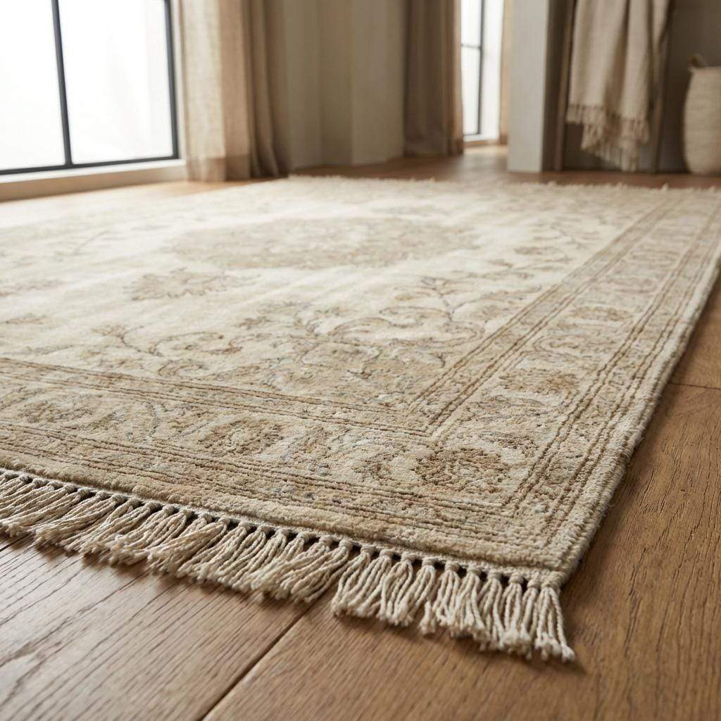 Oushak style hand knotted wool rug with soft blue floral medallion design in neutral tones