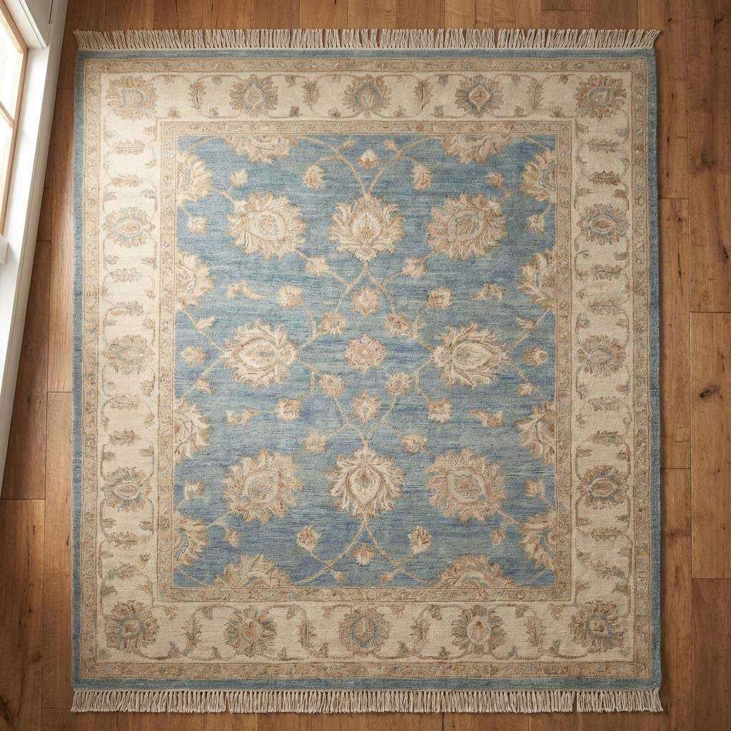 Rectangular Oushak wool rug with hand finished fringe and classic border design __etsy:7657593600