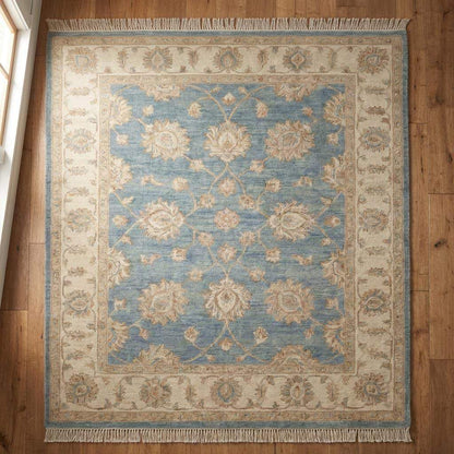 Rectangular Oushak wool rug with hand finished fringe and classic border design __etsy:7657593600