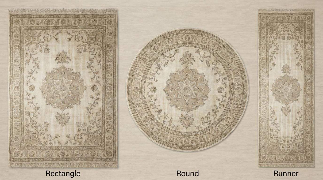 Soft blue Oushak style hand knotted wool rug with floral medallion design and neutral tones