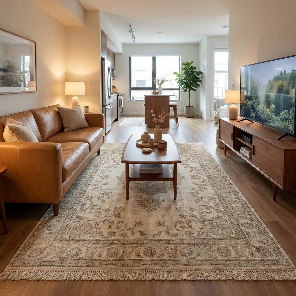 Oushak style hand knotted wool rug with soft blue floral medallion design and neutral tones