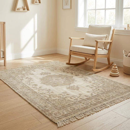 Soft blue floral Oushak style hand knotted wool area rug with neutral tones and durable craftsmanship