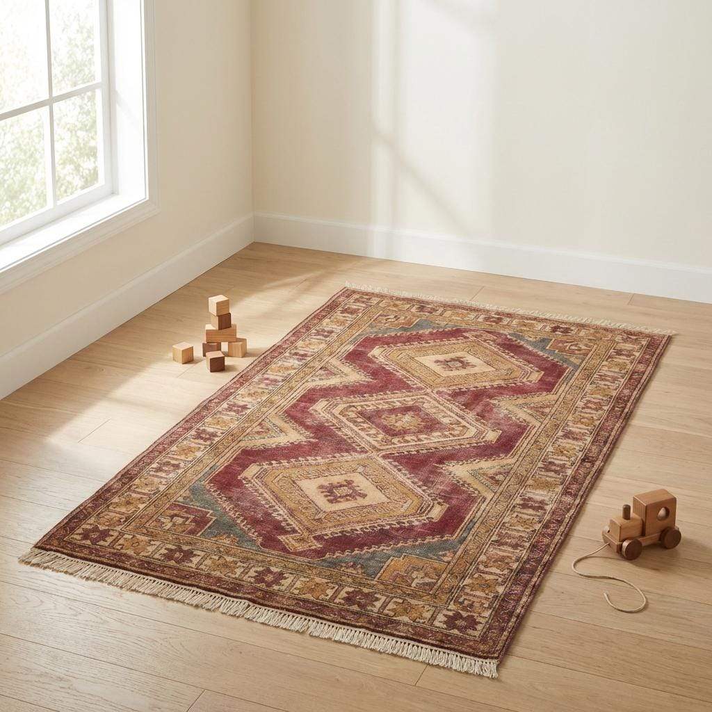Oushak Style Hand Knotted Wool Area Rug with Geometric Medallions