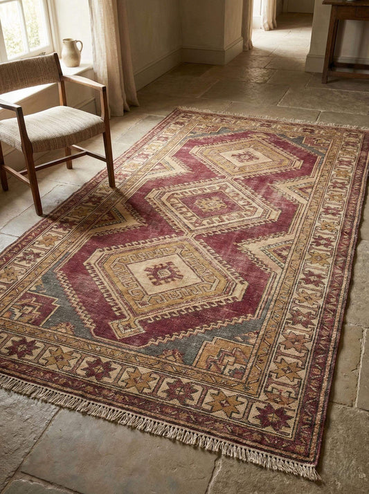 Oushak style hand knotted wool rug with geometric medallions and traditional Anatolian design