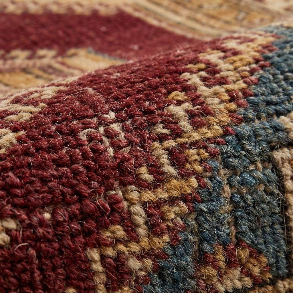 Close-up of hand knotted wool pile showing dense knot structure, natural fiber texture, and artisan craftsmanship