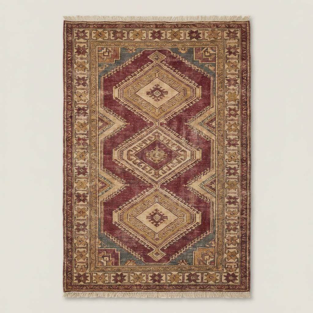 Traditional Oushak geometric rug styled in a neutral living room with stone flooring and wooden furniture
