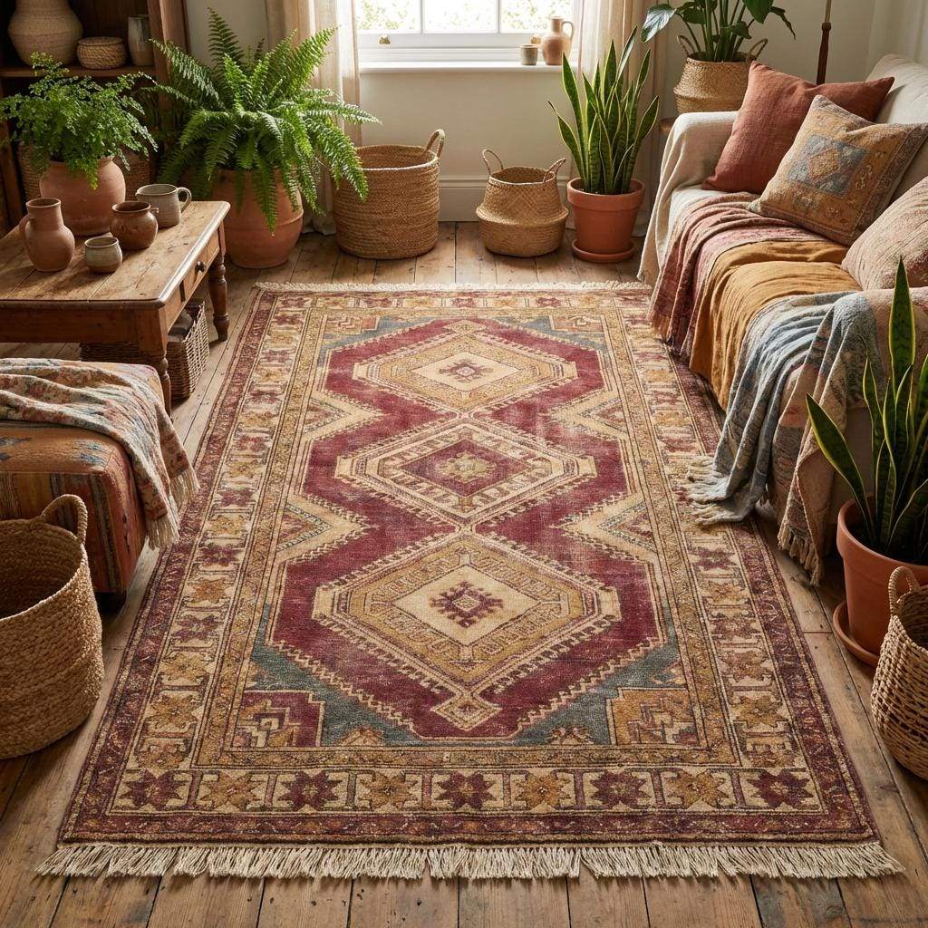 Vintage inspired hand knotted wool rug with muted red, tan, and faded blue accents