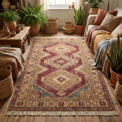 Vintage inspired hand knotted wool rug with muted red, tan, and faded blue accents