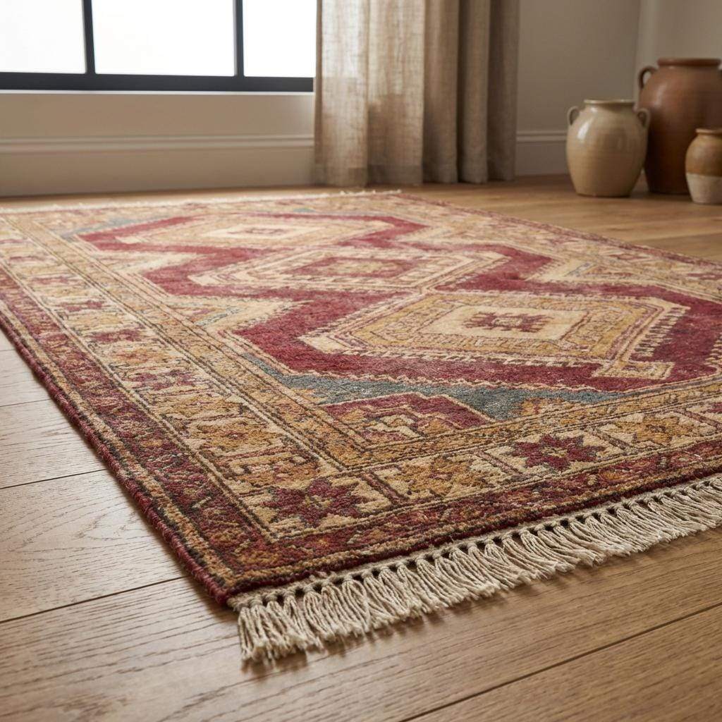 Artisan made Turkish Oushak style rug featuring bold medallions and natural wool fringe