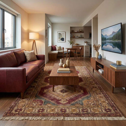 Rectangular hand knotted area rug showcasing traditional Anatolian pattern and earthy color palette