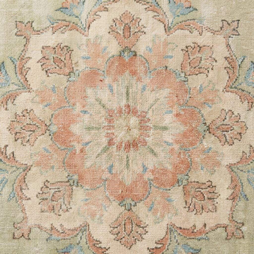 Oushak Style Hand Knotted Wool Rug With Soft Green Medallion Design