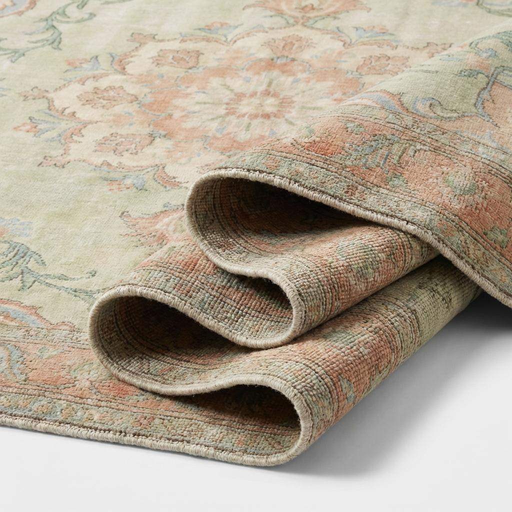 Oushak Style Hand Knotted Wool Rug With Soft Green Medallion Design