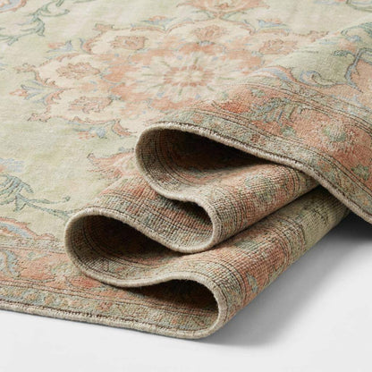 Oushak Style Hand Knotted Wool Rug With Soft Green Medallion Design