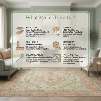 Oushak Style Hand Knotted Wool Rug With Soft Green Medallion Design