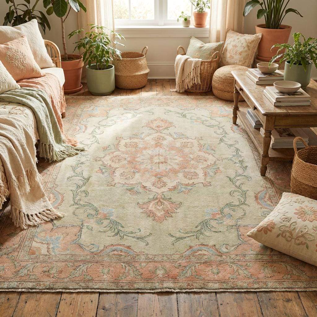 Pastel green and peach floral medallion design on traditional hand knotted wool rug