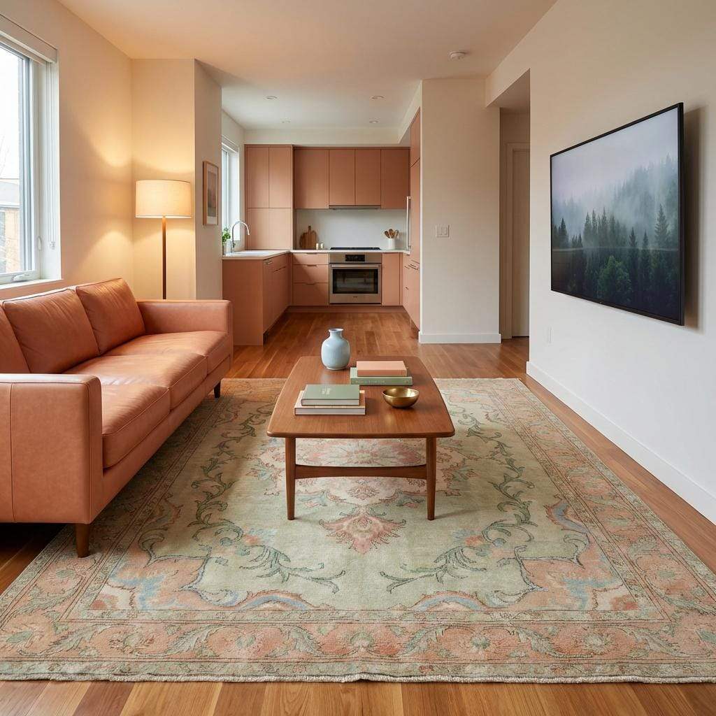 Oushak inspired wool rug with muted tones perfect for elegant living room décor