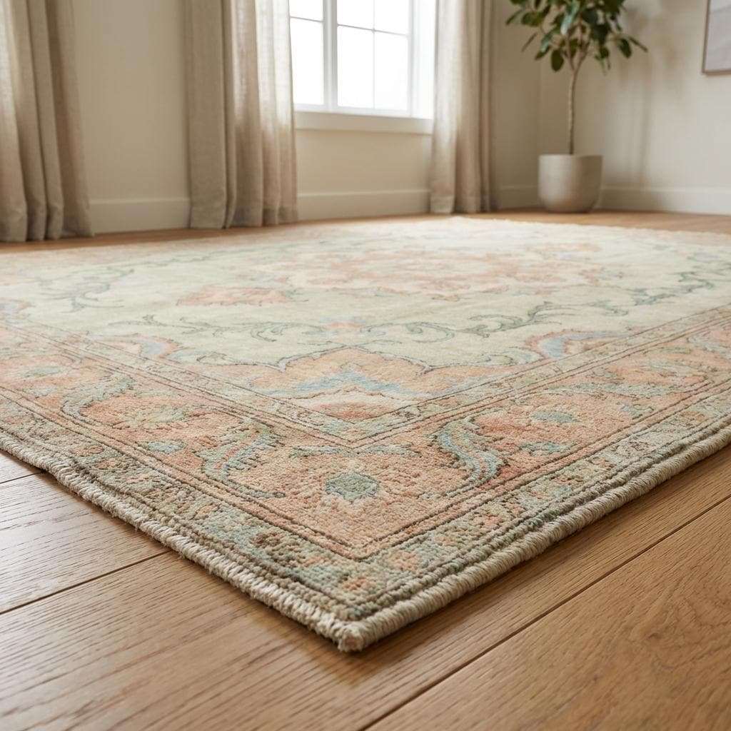 Oushak Style Hand Knotted Wool Rug With Soft Green Medallion Design