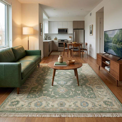 Oushak Style Sage Green Hand Knotted Wool Area Rug for Living Room