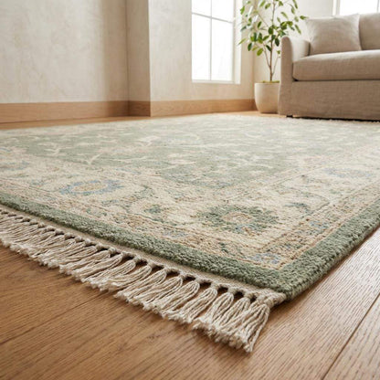 Oushak Style Sage Green Hand Knotted Wool Area Rug for Living Room