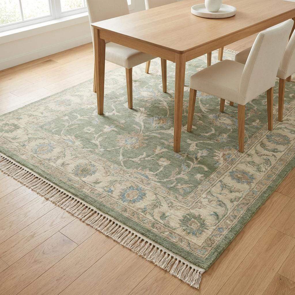 Oushak Style Sage Green Hand Knotted Wool Area Rug for Living Room