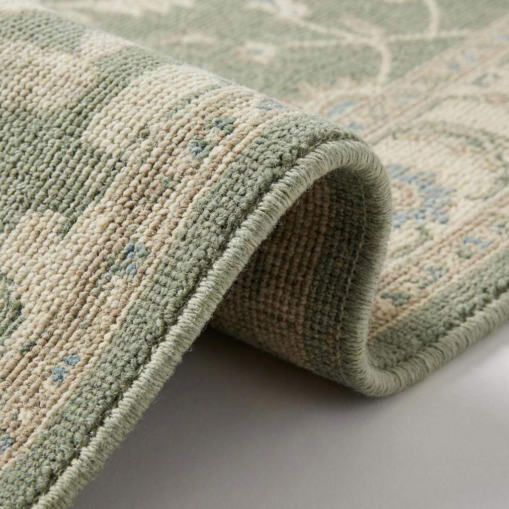 Close-up of hand knotted wool rug showing individual knots, soft wool pile, and natural texture