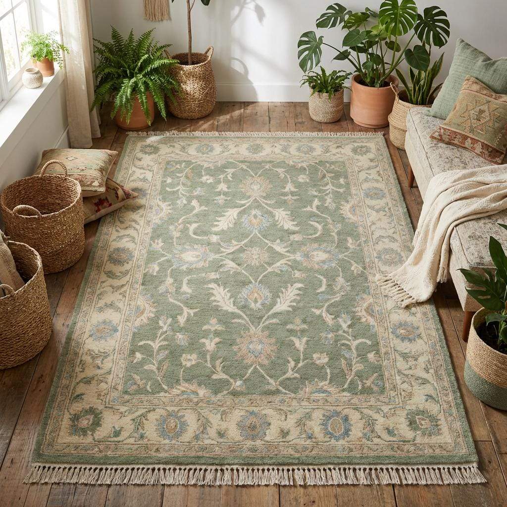 Traditional Oushak inspired hand knotted rug with ivory border and pale blue floral accents