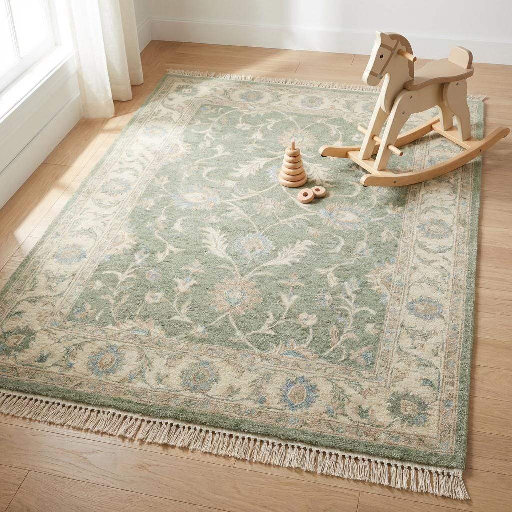 Green wool area rug styled on dark wood floor with neutral furniture and soft lighting