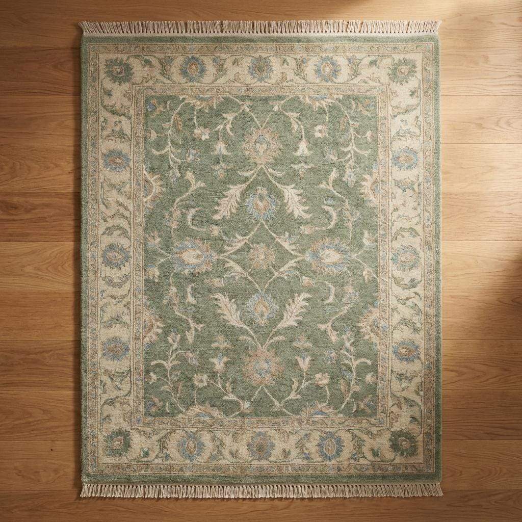 Handmade wool area rug featuring subtle floral vine pattern and framed border design