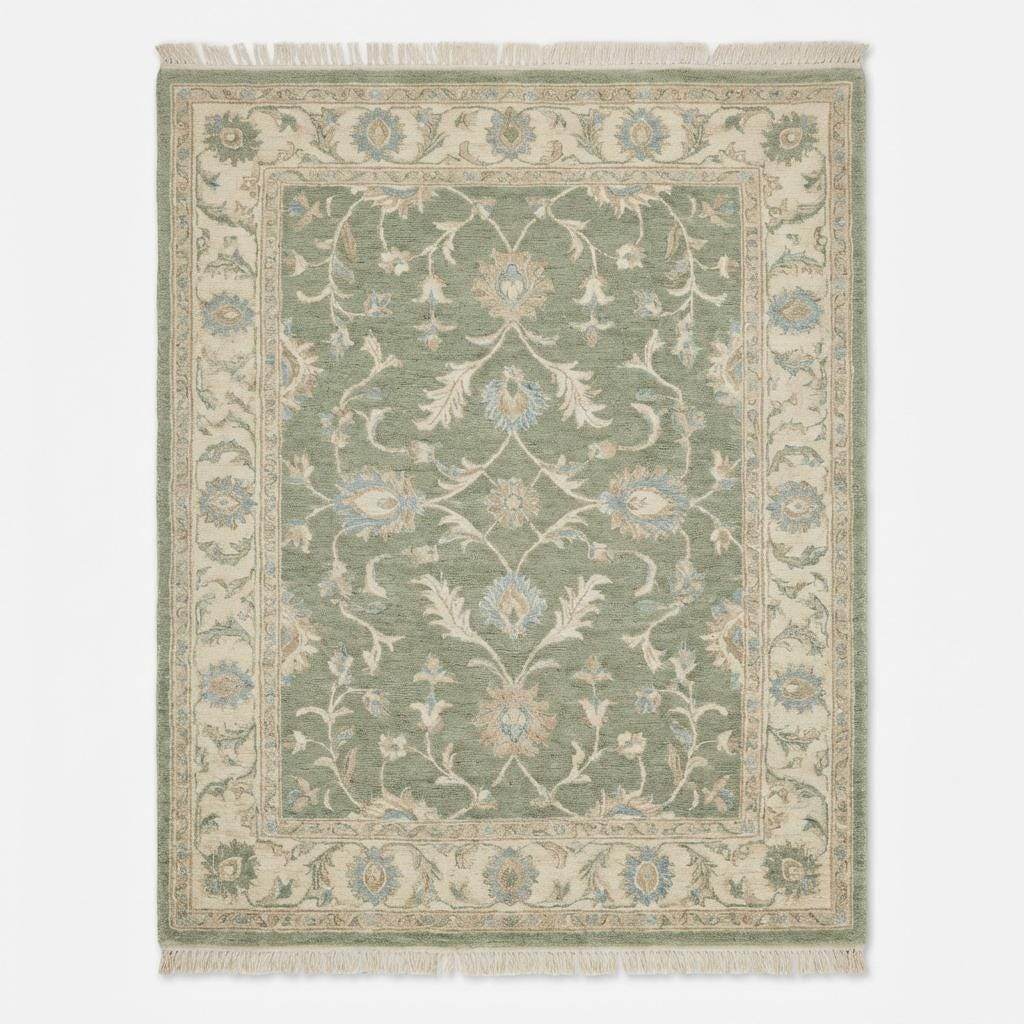 Authentic hand knotted wool rug in sage green for bedroom or living room décor
