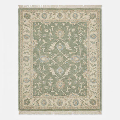 Authentic hand knotted wool rug in sage green for bedroom or living room décor