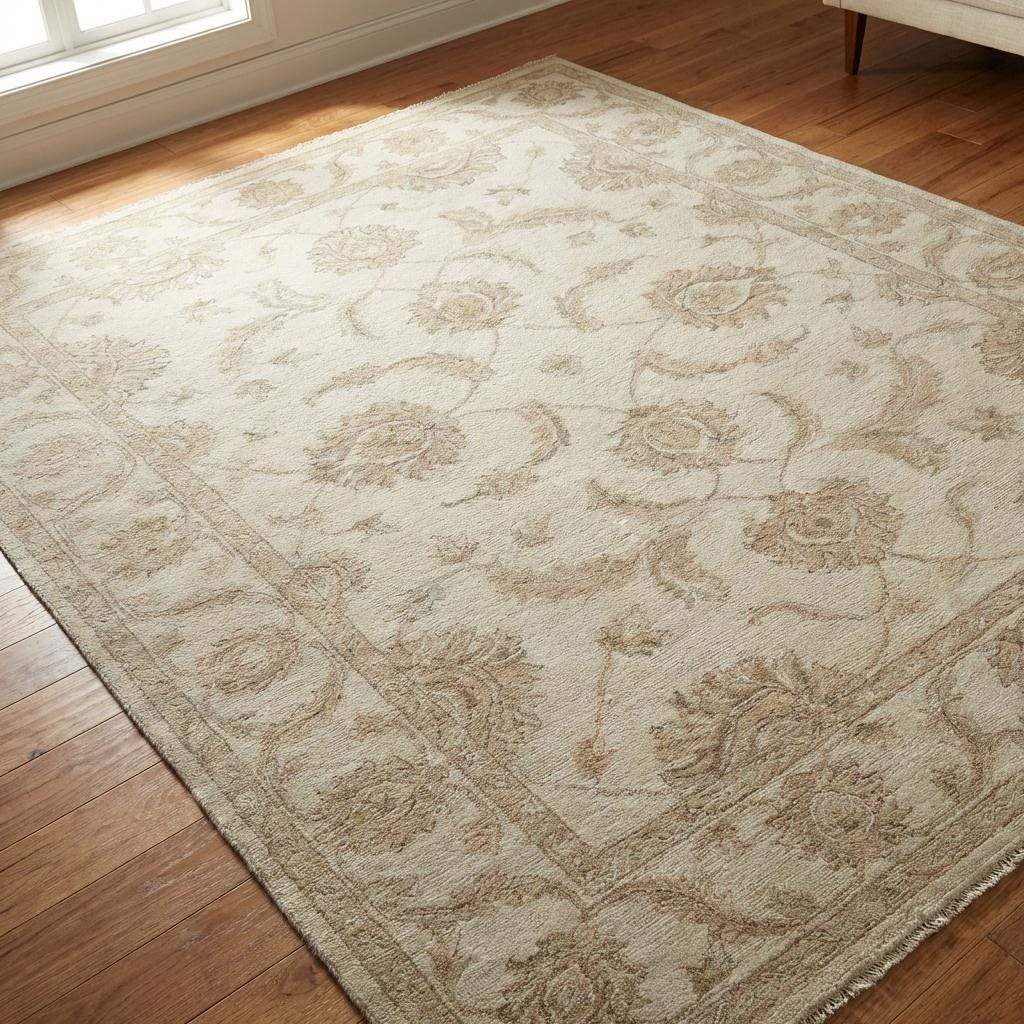 Oushak Style Wool Area Rug, Hand Knotted Neutral Floral Carpet