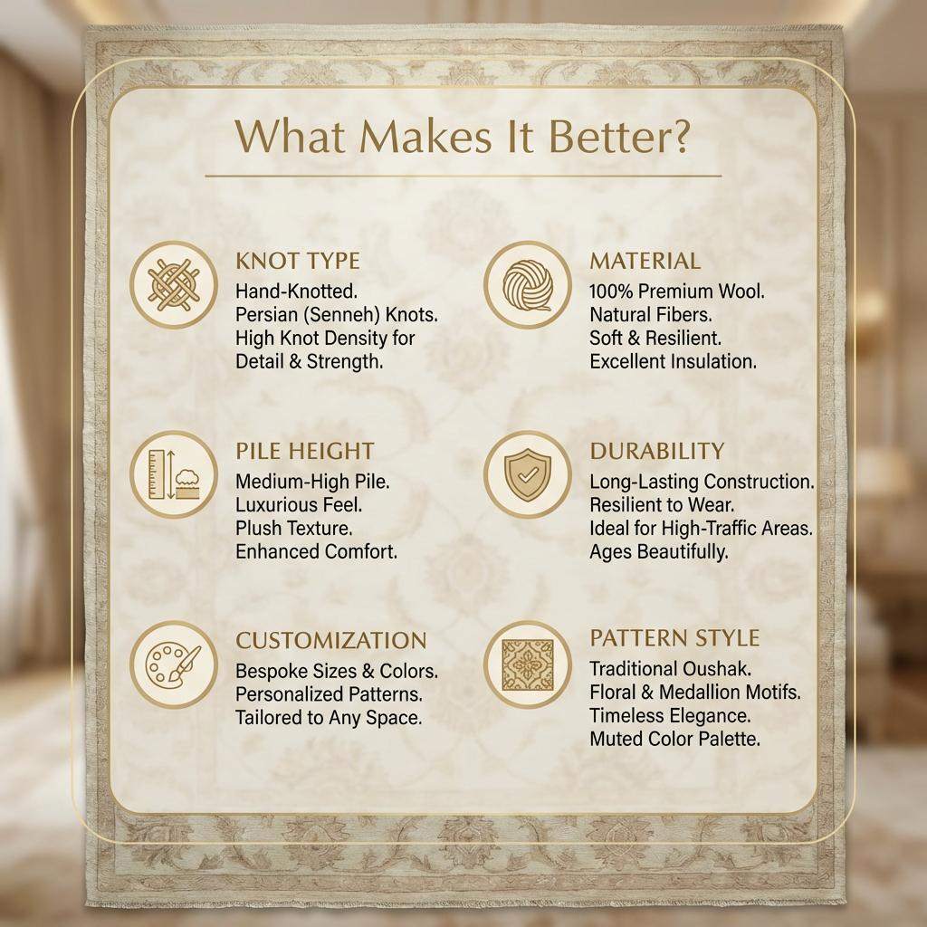 Oushak Style Wool Area Rug, Hand Knotted Neutral Floral Carpet