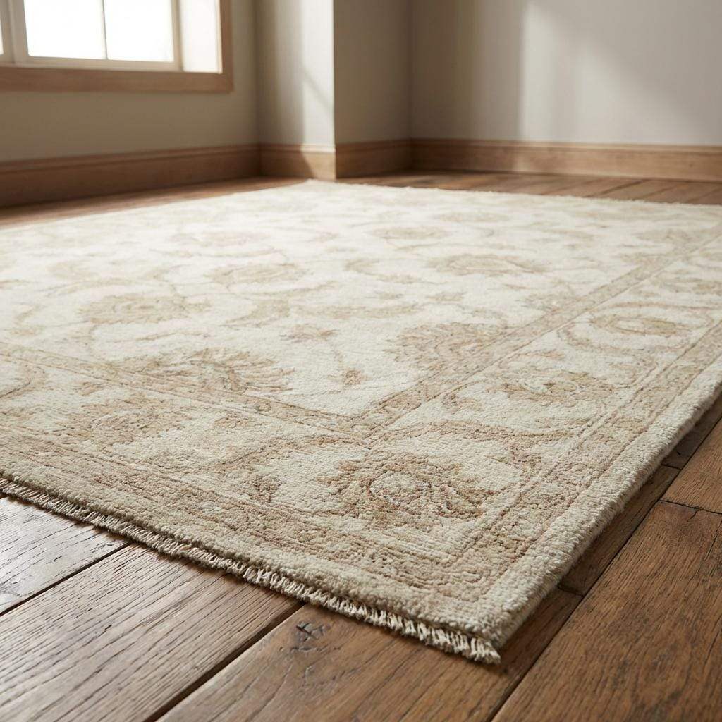 Ivory and beige hand knotted wool rug with elegant border detailing
