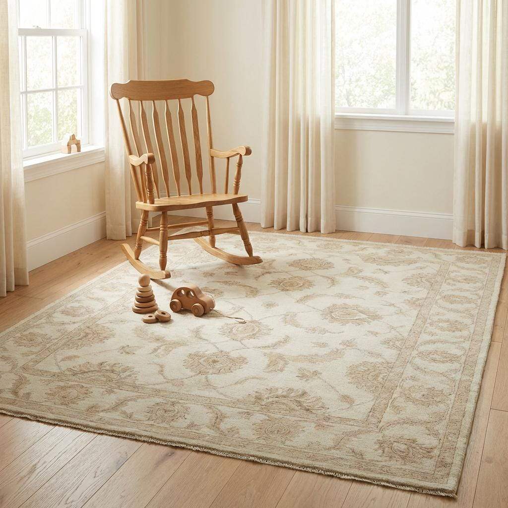 Oushak Style Wool Area Rug, Hand Knotted Neutral Floral Carpet