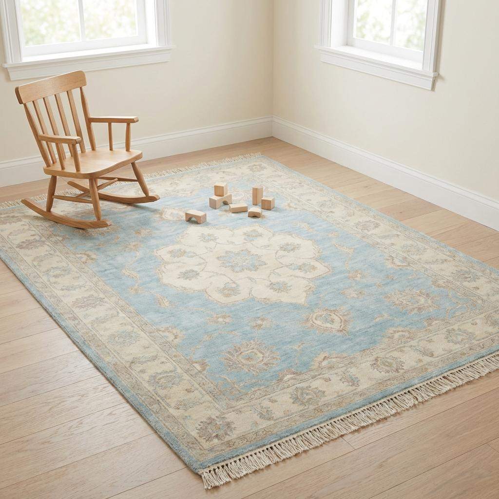 Oushak Wool Area Rug in Soft Blue, Hand Knotted Traditional Design