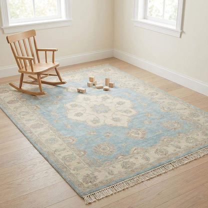 Oushak Wool Area Rug in Soft Blue, Hand Knotted Traditional Design