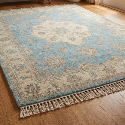 Oushak Wool Area Rug in Soft Blue, Hand Knotted Traditional Design