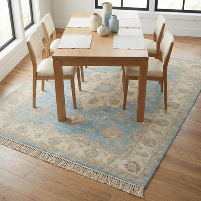Oushak Wool Area Rug in Soft Blue, Hand Knotted Traditional Design