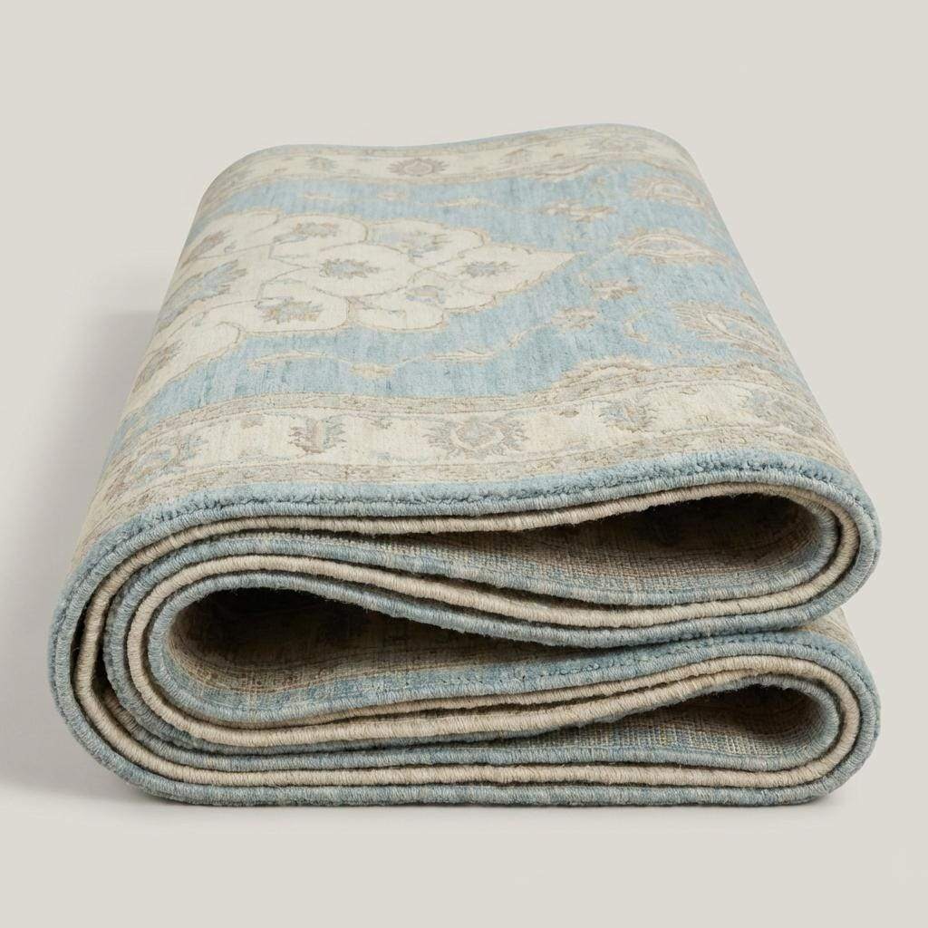 Oushak Wool Area Rug in Soft Blue, Hand Knotted Traditional Design