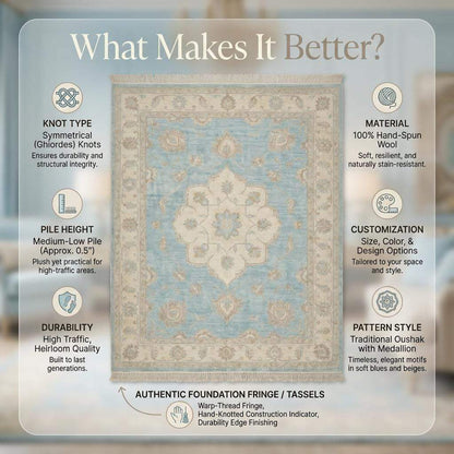 Oushak Wool Area Rug in Soft Blue, Hand Knotted Traditional Design
