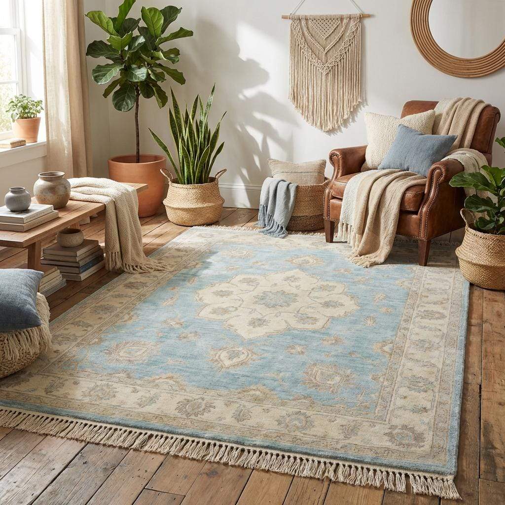 Light blue handmade wool rug styled in elegant living room with neutral furniture