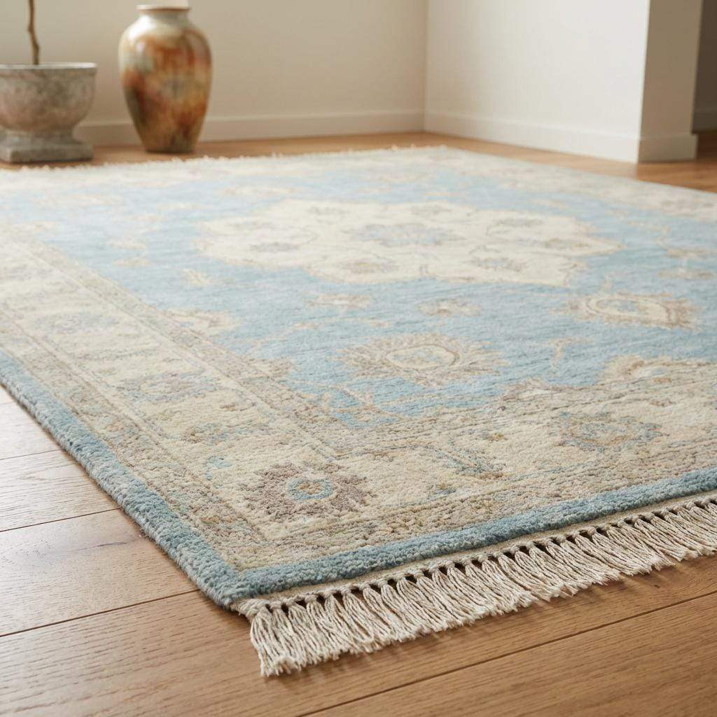 Artisan hand knotted area rug featuring classic medallion design and muted tones