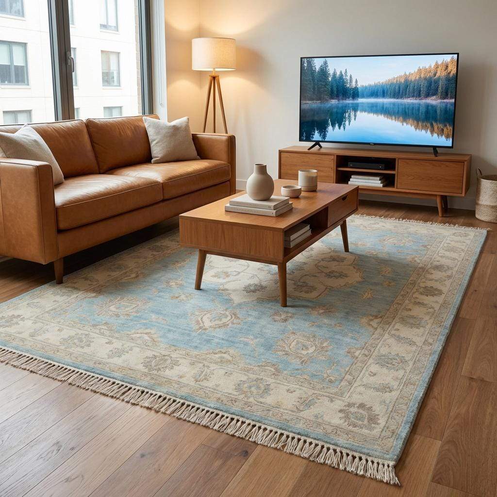 Rectangular hand knotted wool rug with low pile and timeless Persian-inspired pattern