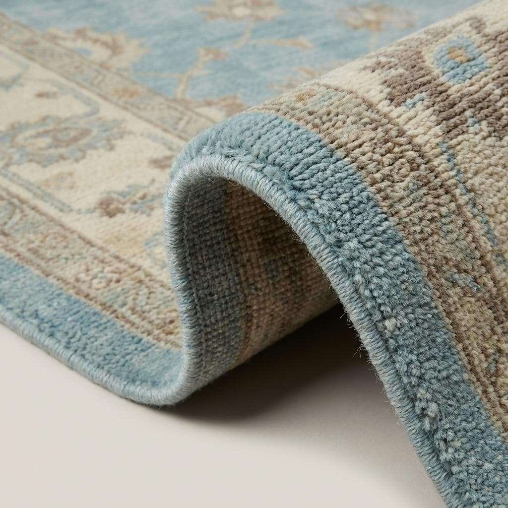 Oushak Wool Area Rug in Soft Blue, Hand Knotted Traditional Design