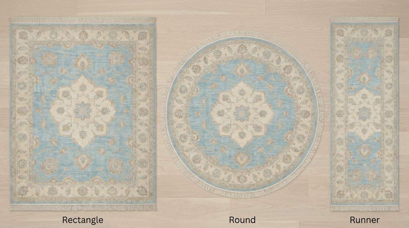 Oushak Wool Area Rug in Soft Blue, Hand Knotted Traditional Design