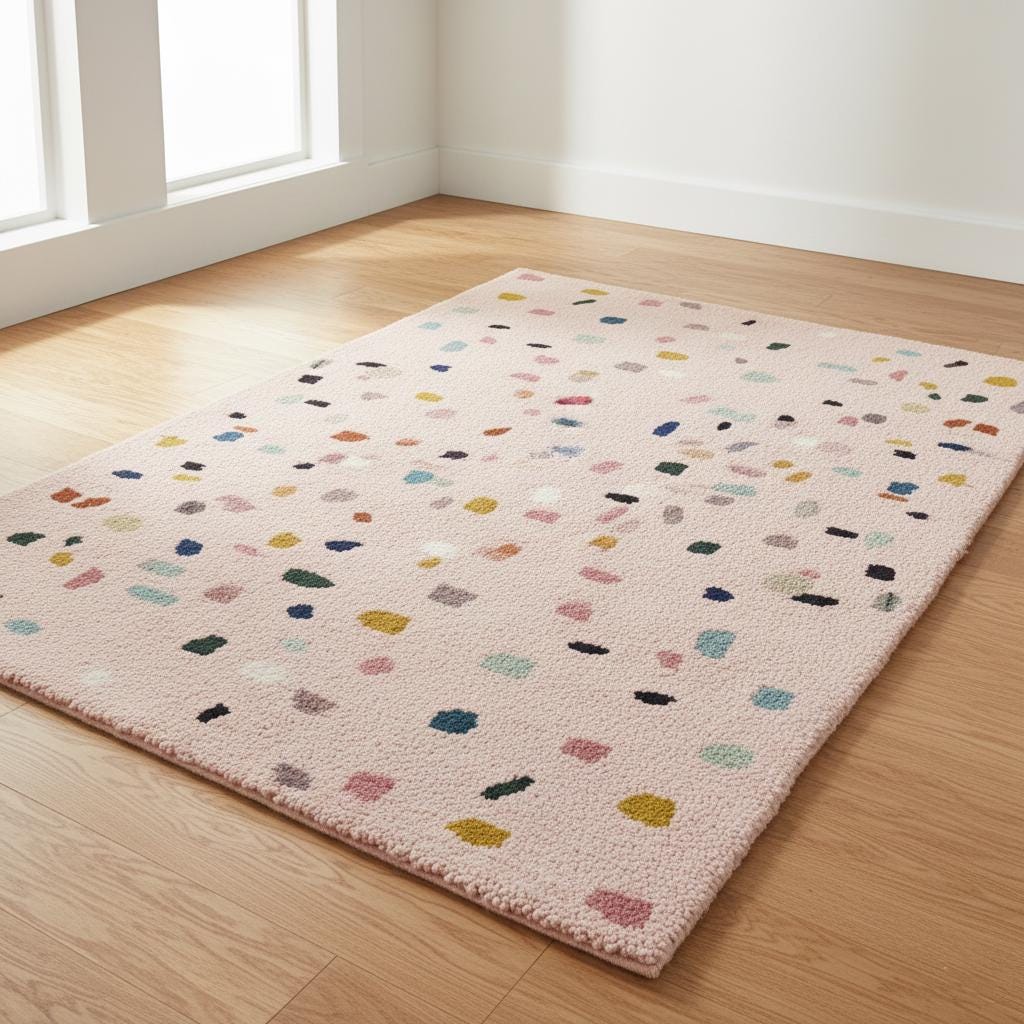 Pastel Confetti Shag Area Rug – Soft Blush Base with Multi-Color Dots for Dining, Living Room & Kids Space Teppich
