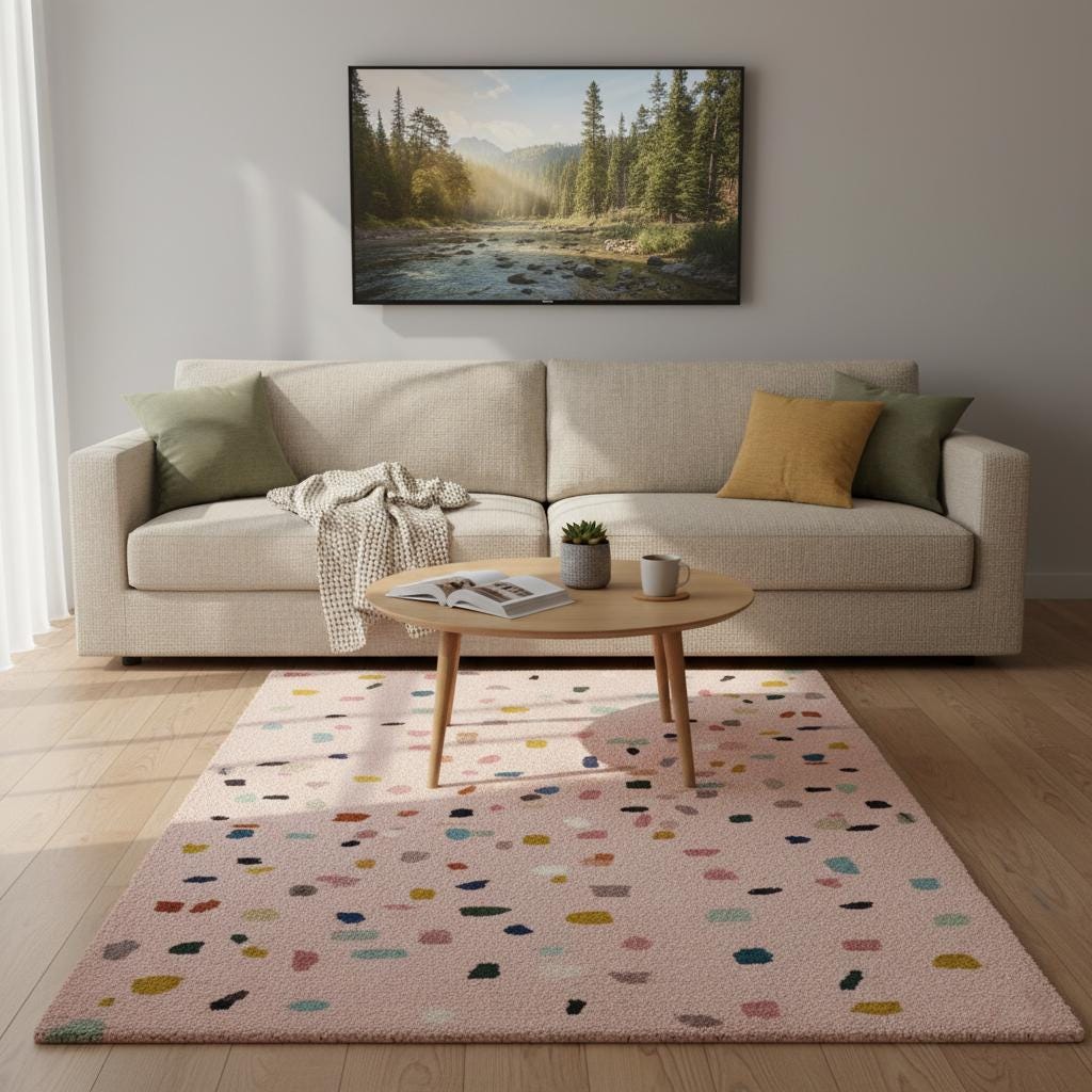 Pastel Confetti Shag Area Rug – Soft Blush Base with Multi-Color Dots for Dining, Living Room & Kids Space Teppich
