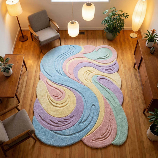 Pastel wavy rug with 3D tufted texture in soft pastel colors for modern abstract home decor
